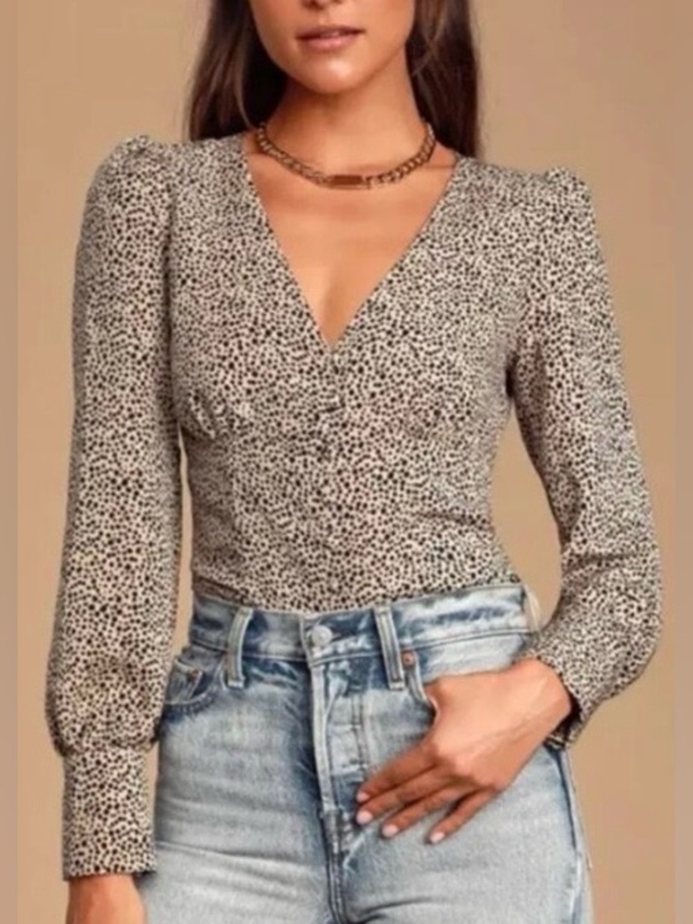 Lulu's Sweet Spot Taupe Cheetah Print 
Long Sleeve Button-Up Top Size XS